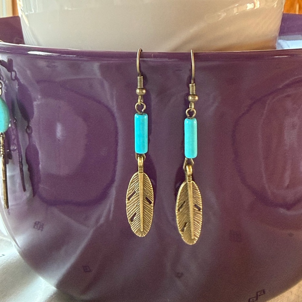 Turquoise and Gold Feather Earrings